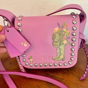 EUC Coach Dakotah Rivet Crossbody Bag with Hand Painted Cowboy Boots and Flowers